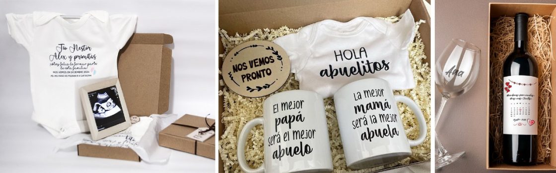 Regalos personalizados de Crearte Regaloss con mugs, prendas, copas y botellas personalizadas para anuncios de embarazo, bautizos y ocasiones especiales.