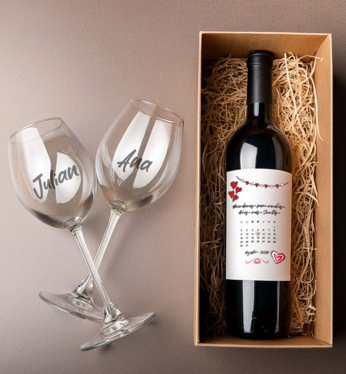 Botella De Vino Con Etiqueta Personalizada + copas marcadas