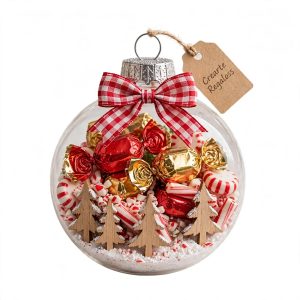 Esferas navidenas transparentes rellenables con dulces y adornos de madera